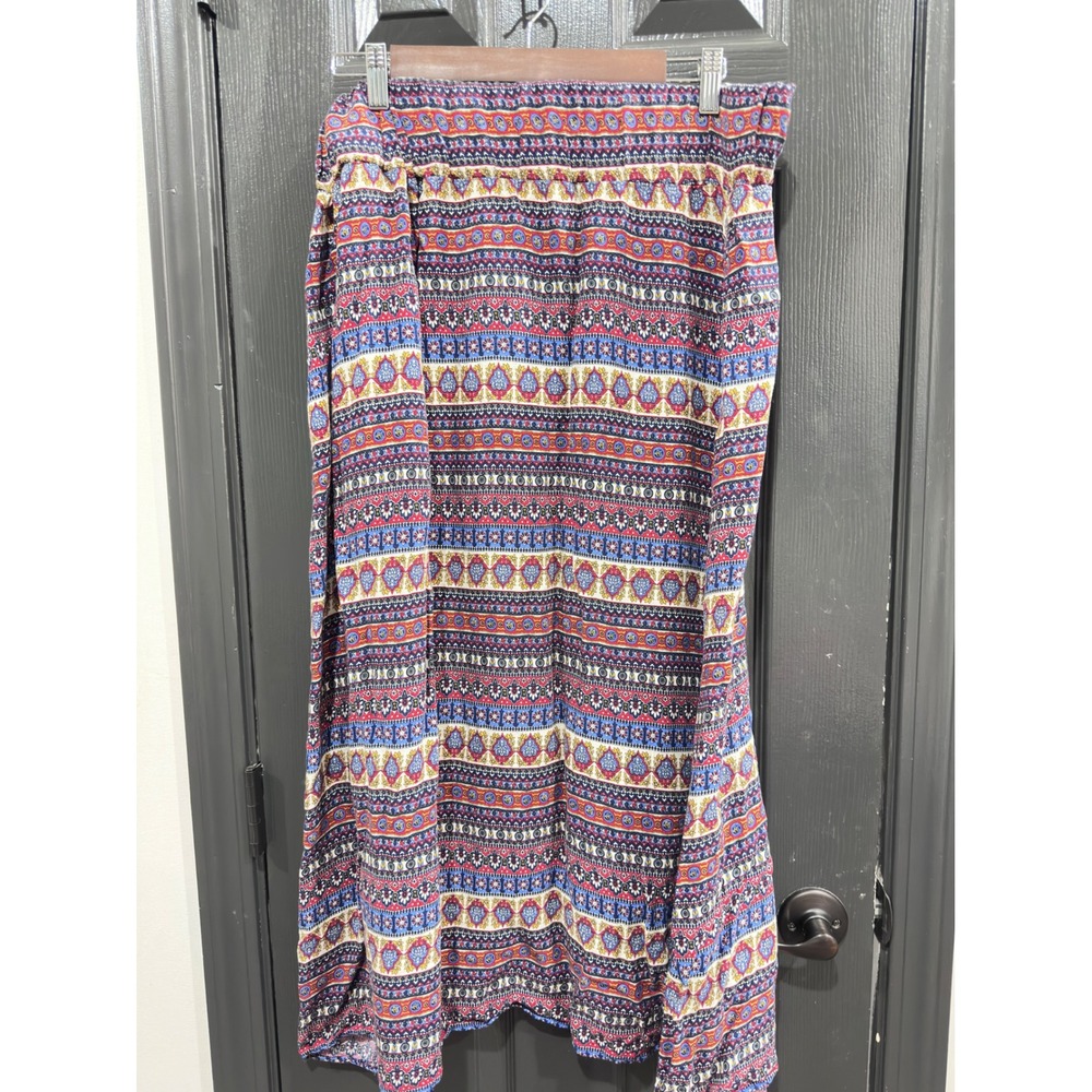 Chances R Womens 1X Maxi Skirt Blue Red Paisley Geometric Boho Rayon RN101962